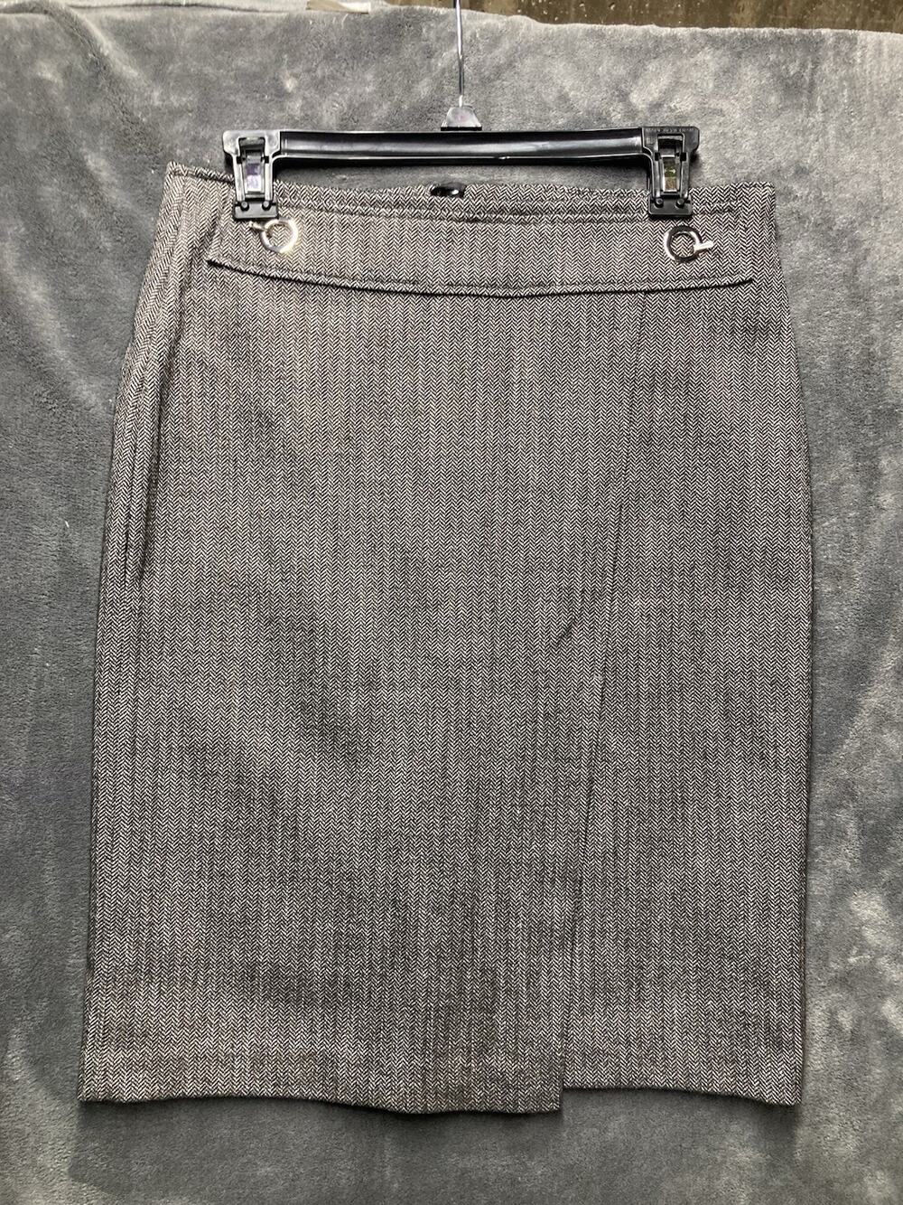 H&M Gray Herringbone Pencil Skirt Tweed Wrap Front Slit Dark Academia Office Sz4